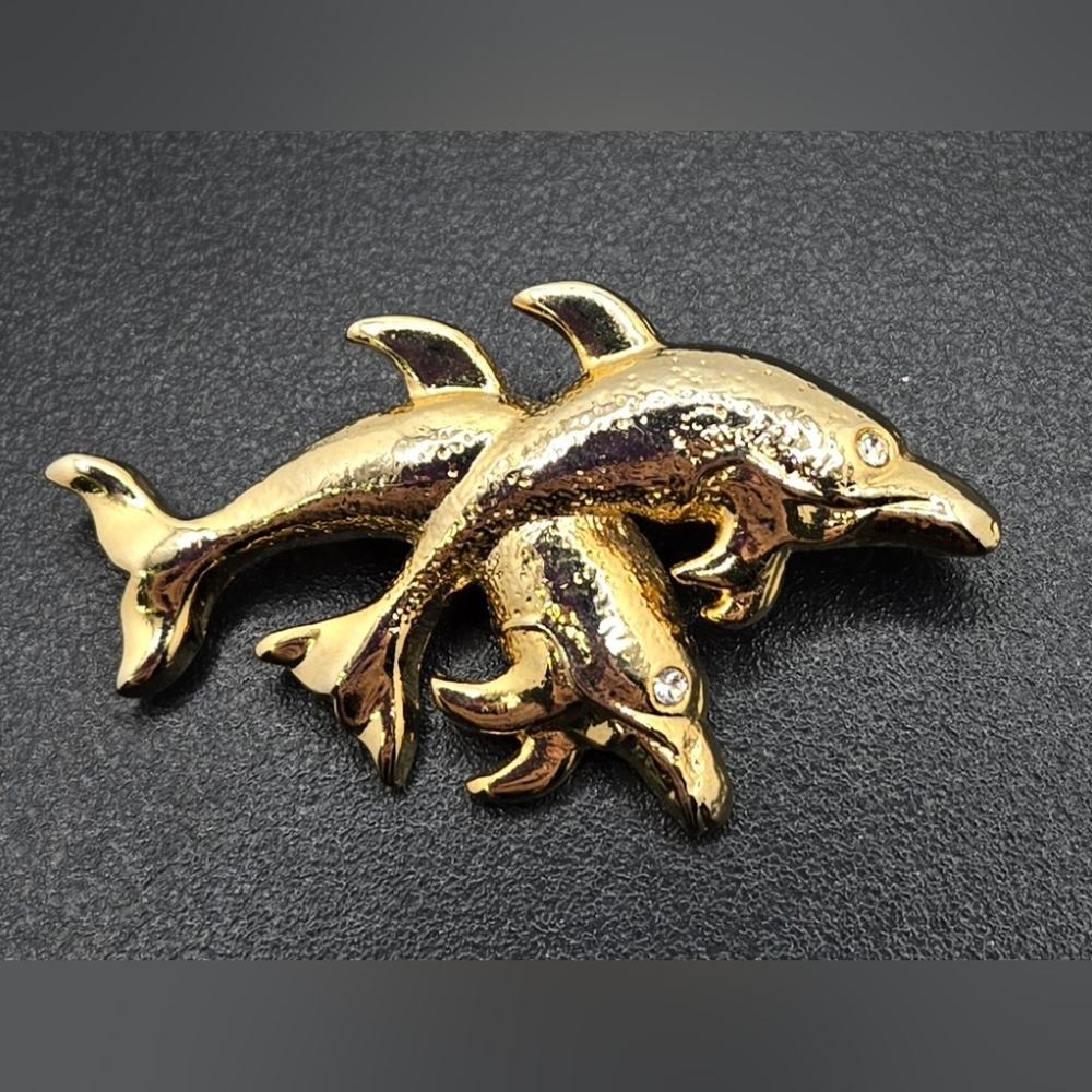 🐬 Dolphin Brooch Jumping Pair Gold Tone Clear Eye Crystals Rollover Clasp